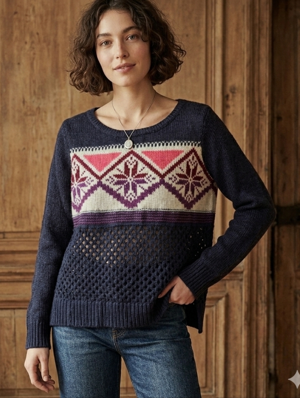 American Eagle Outfitters Navy Crewneck Sweater with Coral and Cream Fair Isle
